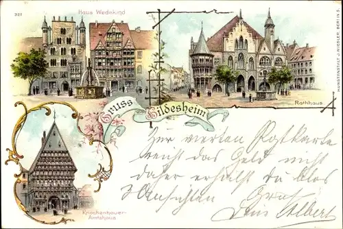 Litho Hildesheim in Niedersachsen, Haus Wedekind, Rathaus, Knochenhaueramtshaus