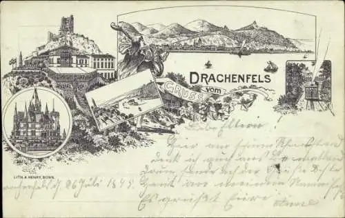 Vorläufer Litho Königswinter am Rhein, Drachenfels, Ruine, Hotel