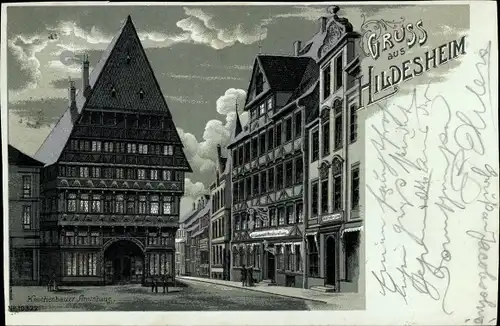 Mondschein Litho Hildesheim in Niedersachsen, Knochenhauer Amtshaus bei Nacht