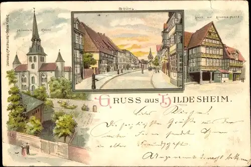 Litho Hildesheim in Niedersachsen, Brühl,Fachwerkhaus, Kirche