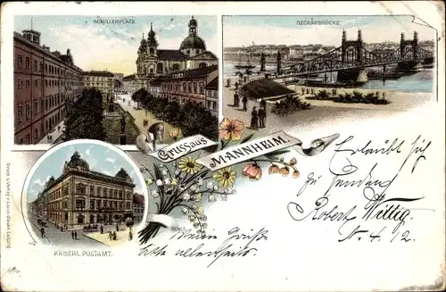 Litho Mannheim in Baden Württemberg, Schillerplatz, Neckarbrücke, Postamt