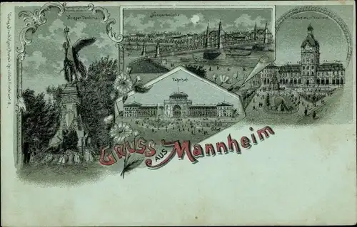 Mondschein Litho Mannheim in Baden, Kriegerdenkmal, Neckarbrücke, Bahnhof