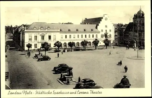 Ak Landau in der Pfalz, Städtische Sparkasse und Corona Theater