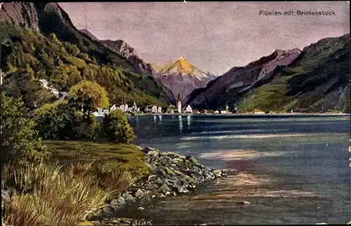 Ak Flüelen Kanton Uri Schweiz, Blick vom Ufer zum Ort mit Bristenstock, Reklame