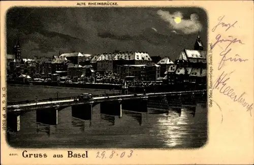 Mondschein Litho Basel Bâle Stadt Schweiz, althe Rheinbrücke und Stadt bei Nacht