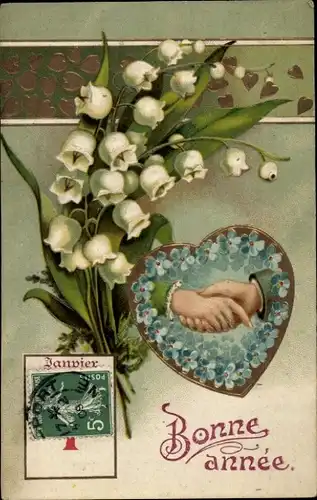 Präge Ak Glückwunsch Neujahr, Maiglöckchen, Händedruck, Vergissmeinnicht