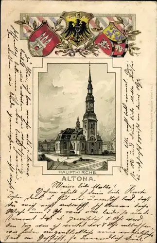 Präge Wappen Passepartout Litho Hamburg Altona, Hauptkirche