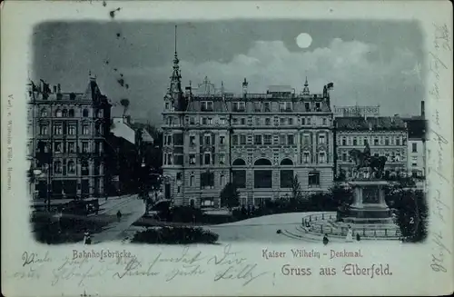 Mondschein Ak Elberfeld Wuppertal, Kaiser Wilhelm Denkmal, Bahnhofsbrücke