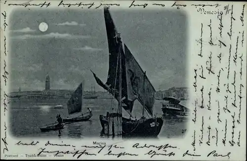 Mondschein Ak Venezia Venedig Veneto, Marina, Fischerboot am Ufer