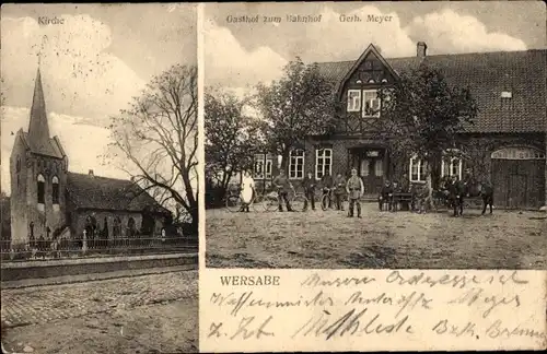Ak Wersabe Hagen im Bremischen, Kirche, Gasthof zum Bahnhof