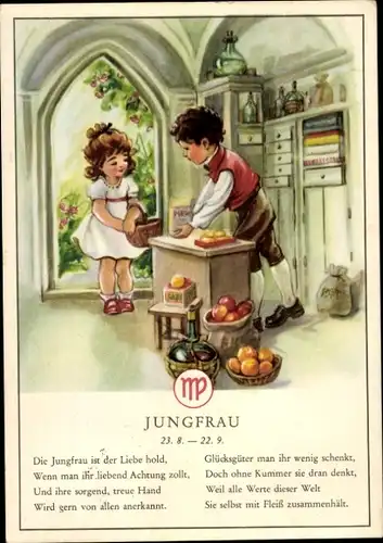 Künstler Ak Sternzeichen Jungfrau, Virgo, 23. August bis 23. September, Verkäufer, Gedicht
