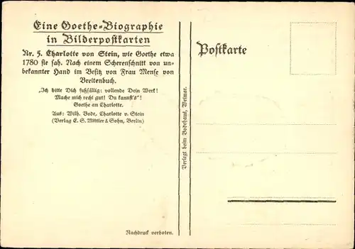 Scherenschnitt Ak Charlotte Albertine Ernestine von Stein, Goethe-Biographie in Bilderpostkarten