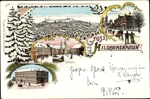 Litho Hildburghausen in Thüringen, Gesamtansicht, Marktplatz, Bau- und Bahnmeister-Schule