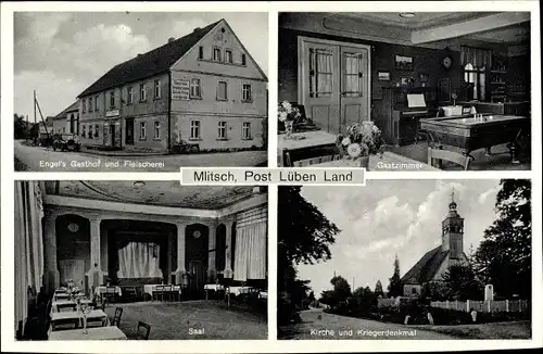 Ak Milicz Mlitsch Schlesien Polen, Engel's Gasthof und Fleischerei, Gastzimmer, Saal, Kirche