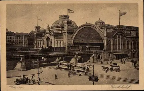 Ak Dresden Altstadt Seevorstadt, Hauptbahnhof, Straßenbahn