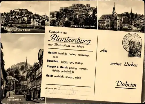 Ak Blankenburg im Harz, Schloss, Rathaus, Obere Tränkenstraße, Burgruine Regenstein