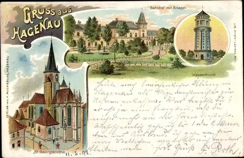 Litho Haguenau Hagenau im Elsass Bas Rhin, Bahnhof, Anlagen, St. Georgskirche, Wasserturm