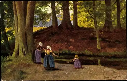 Künstler Ak Gerstenhauer, Johann Georg, niederländisches Motiv, Frauen und Mädchen in Tracht, Wald