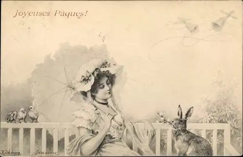 Künstler Litho Wichera, Glückwunsch Ostern, Frau und Hase auf einer Bank, Küken