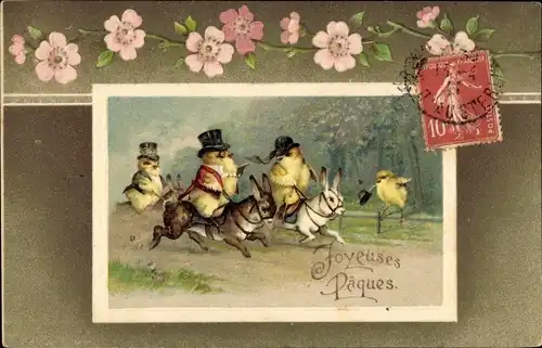 Ak Glückwunsch Ostern, Vermenschlichte Küken auf Hasen reitend, Blumen