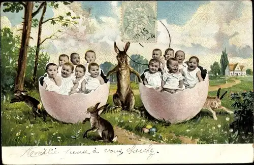 Ak Glückwunsch Ostern, Osterhase, Kinder in Ostereierschalen
