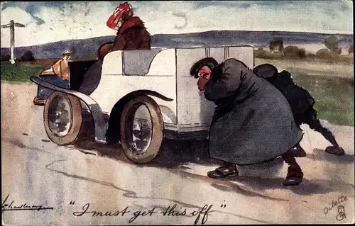 Künstler Ak Thackeray, Lance, Ways of Motors, I must get this off, Männer schieben Auto