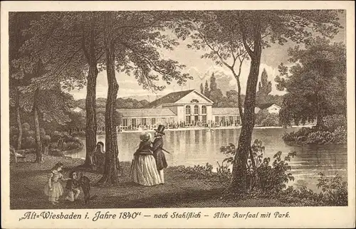 Ak Wiesbaden in Hessen, Alt Wiesbaden i. Jahre 1840, Alter Kurhaus mit Park, nach Stahlstich