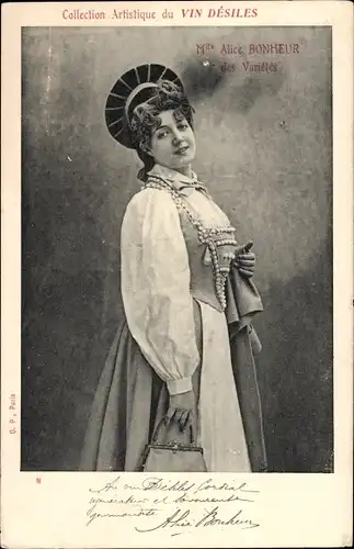 Ak Schauspielerin Alice Bonheur, Portrait, Kostüm
