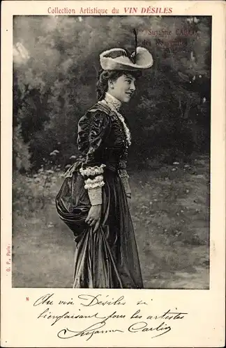 Ak Schauspielerin Suzanne Carlix, Portrait, Reklame, Vin Desiles