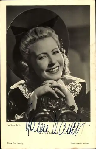 Ak Schauspielerin Karin Hardt, Portrait, Hut, Autogramm