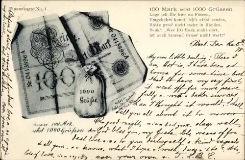 Ak 100 Mark nebst 1000 Grüßen, lege ich dir hier zu Füßen, Geldschein, Reichsbanknote