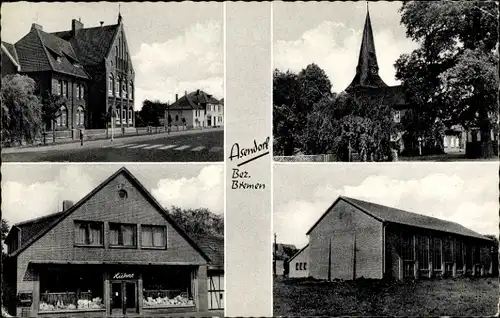 Ak Asendorf Landkreis Diepholz, Teilansichten, Kirche, Geschäftshaus