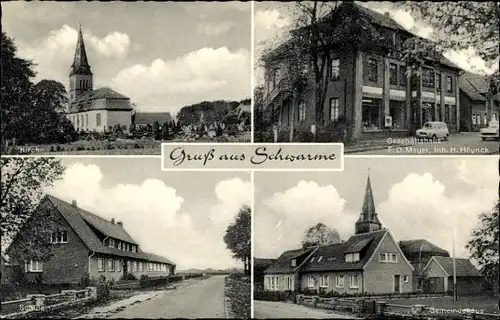 Ak Schwarme, Geschäftshaus F. D. Meyer, Inh. H. Höynck, Kirche, Schule, Gemeindehaus