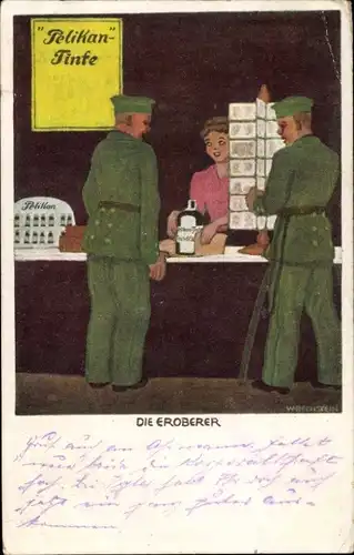 Künstler Ak Bechstein, W., Die Eroberer, Pelikan Tinte, Soldaten kaufen Schreibwaren