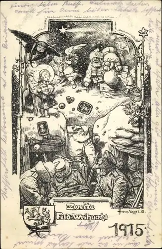 Künstler Ak Vogel, Zweite Feld-Weihnacht 1915, Soldaten im Unterstand, Weihnachtsmann, Engel