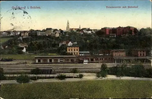 Ak Złotoryja Goldberg Schlesien, Gesamtansicht, Bahnhof