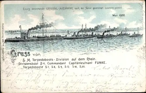 Litho Deutsche Kriegsschiffe, Torpedoboots-Division, Kapitänleutnant Funke, Kaiserliche Marine