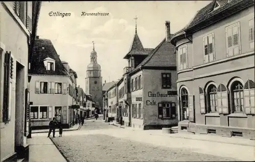 Ak Ettlingen im Kreis Karlsruhe, Kronenstraße, Gasthaus, Café, Kirche, Tabakwaren Lichtenfels