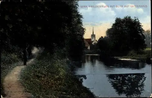 Ak Gera in Thüringen, Faulenzerweg an der Elster, Untermhäuser Kirche