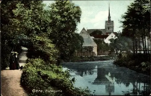 Ak Untermhaus Gera in Thüringen, Kirche, Weg an der Elster