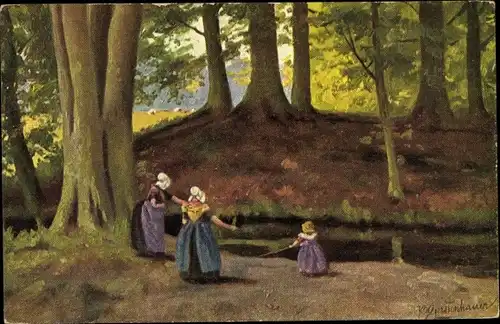 Künstler Ak Gerstenhauer, niederländisches Motiv, Frauen und Mädchen in Tracht, Wald