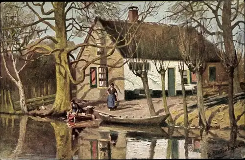 Künstler Ak Gerstenhauer, J. G., niederländisches Dorfmotiv, Wohnhaus am Wasser, Ruderboot