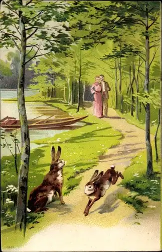 Litho Liebespaar macht Spaziergang, Hasen, Ruderboot