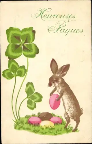 Präge Ak Glückwunsch Ostern, Osterhase, Glücksklee, Ostereier