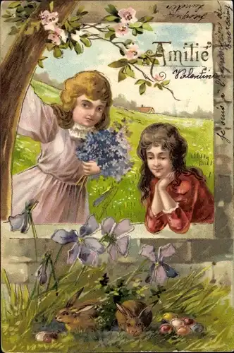 Präge Litho Ostern, Mädchen, Hasen, Ostereier, Blumen