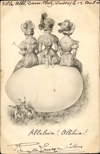 Litho Glückwunsch Ostern, Mädchen sitzen auf einem Ei, Hasen