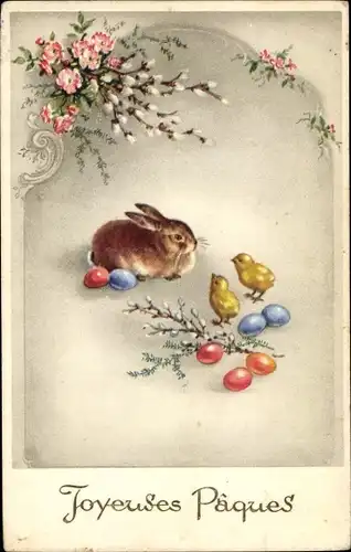 Ak Glückwunsch Ostern, Hase, Küken, Ostereier, Weidenkätzchen