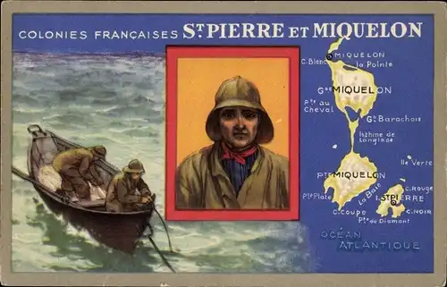 Landkarten Ak Saint Pierre et Miquelon, Colonies Francaises, Männer im Boot