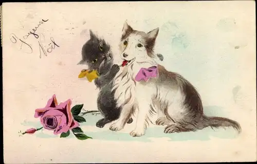 Künstler Ak Schwarze Katze, Hund mit Schleife, Rose