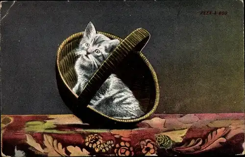 Ak Kleine Katze im Korb, Kätzchen